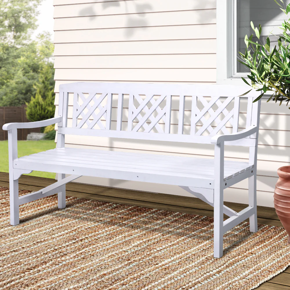 Solene Wooden Garden Bench 3 Seat Patio Furniture Timber Outdoor Lounge Chair - White - Nurns
