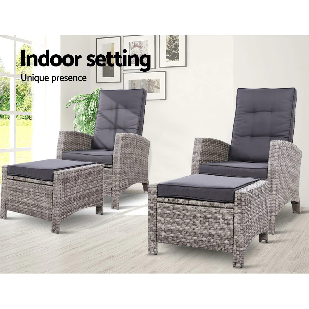 Dursley Set of 2 Recliner Chair Outdoor Furniture Setting Patio Wicker Sofa Chair and Ottoman - Grey - Nurns