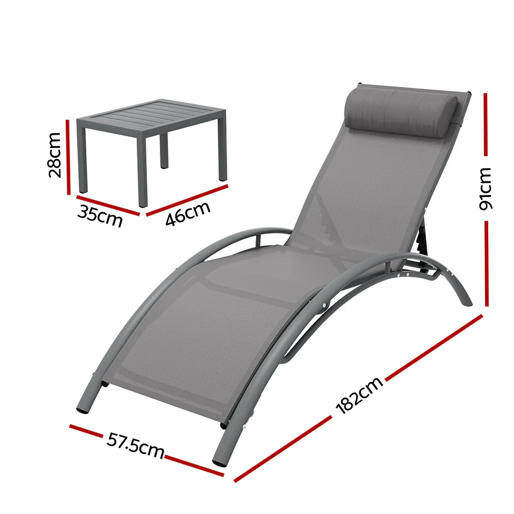 Graysen 3-Piece Sun Lounge Outdoor Lounger Steel Table Chairs Patio Furniture - Grey - Nurns
