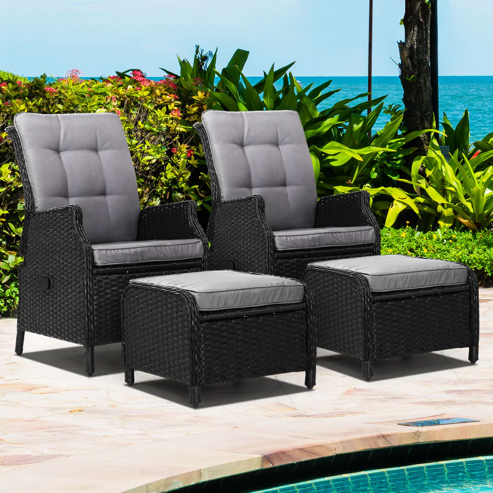 Yeovil Set of 2 Recliner Chair Outdoor Furniture Setting Patio Wicker Sofa Chair and Ottoman - Black - Nurns