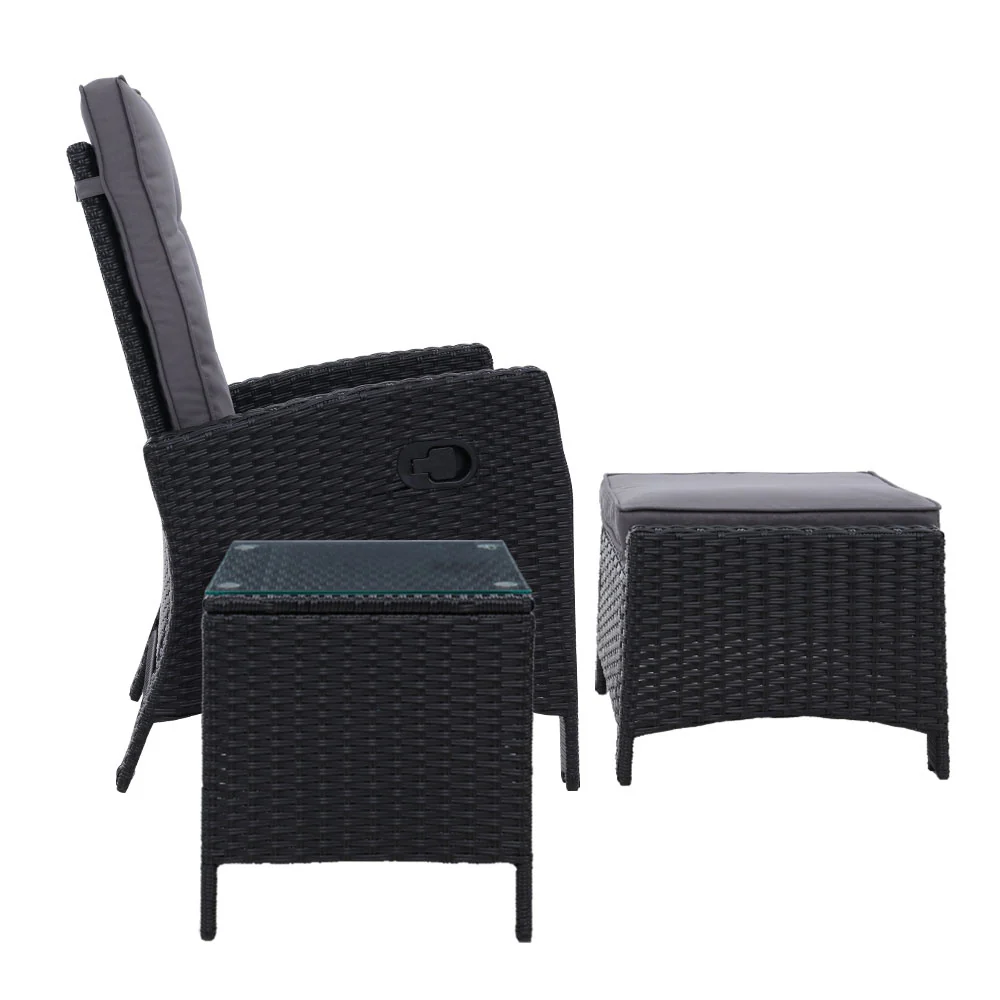 Ross 5-Piece Recliner Chair Outdoor Furniture Setting Patio Wicker Sofa Chair and Ottoman - Black - Nurns