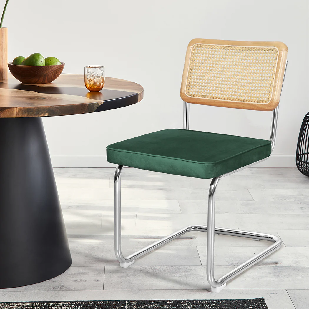 Verity Set of 2 Dining Chairs Chair Replica Cantilever Velvet Rattan Midcentury - Green - Nurns