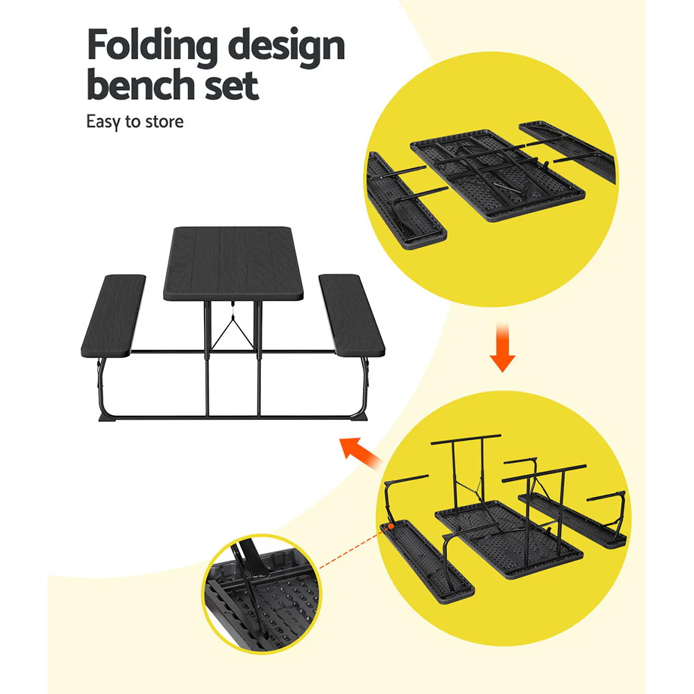 Holden 4-Seater Picnic Patio Bench Camp Folding Table 3-Piece Outdoor Dining Set - Black - Nurns