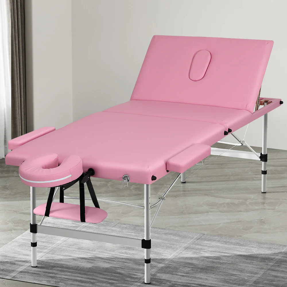 Massage Table 85cm Portable 3 Fold Aluminium Beauty Bed - Pink - Nurns