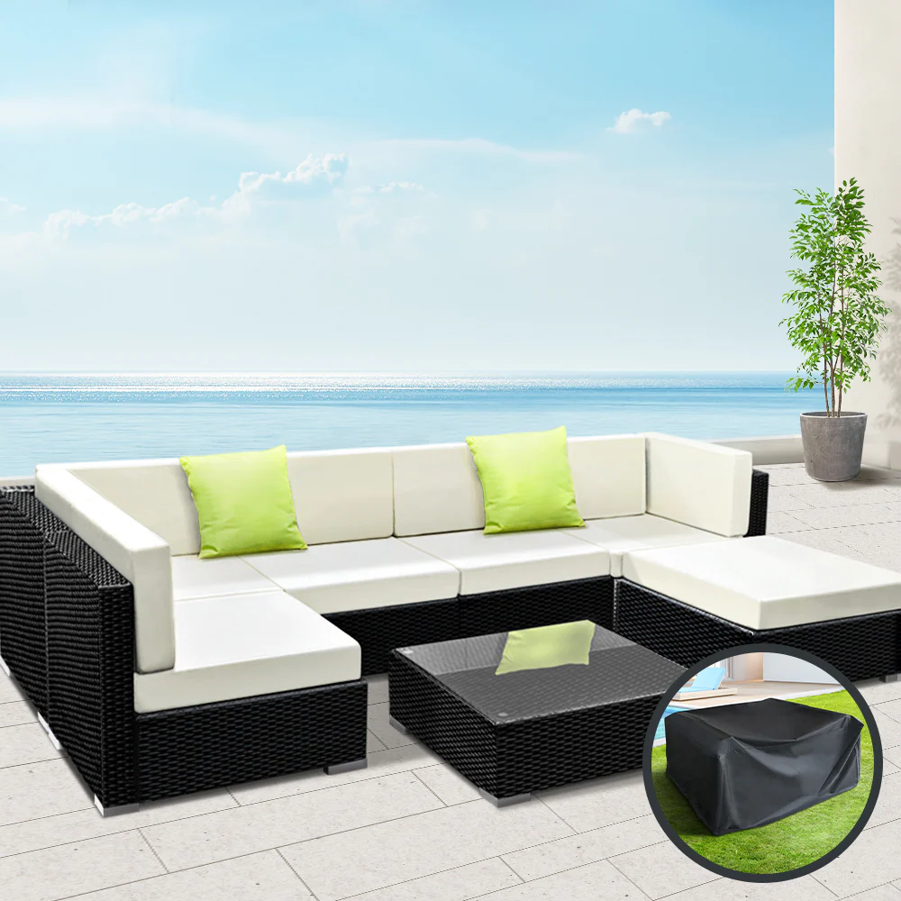 Chester 6-Seater Outdoor Set Furniture Wicker 7-Piece Sofa with Storage Cover - Black - Nurns