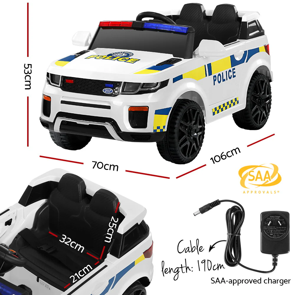 Kids Electric Ride On Patrol Police Car Horn Music Remote - White - Nurns
