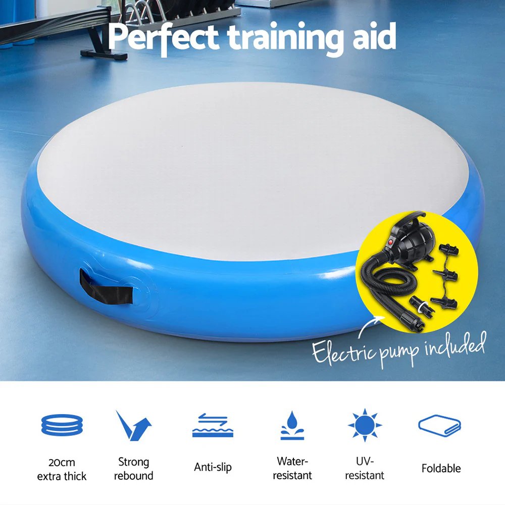 Everfit 1m Air Track Spot Inflatable Gymnastics Tumbling Mat Round W/ Pump Blue - Nurns
