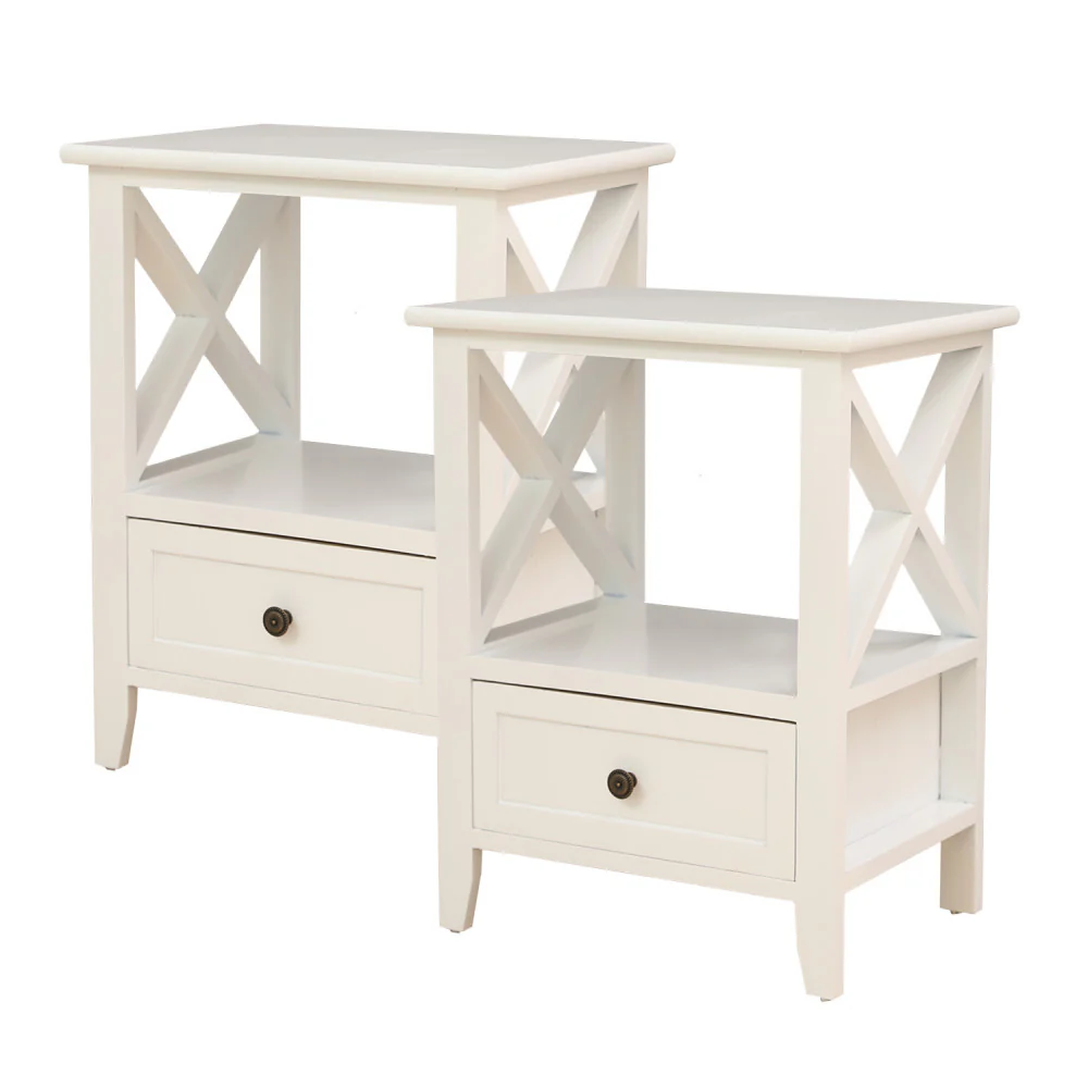 Set of 2 Brandon Wooden Bedside Tables - Rustic White - Nurns