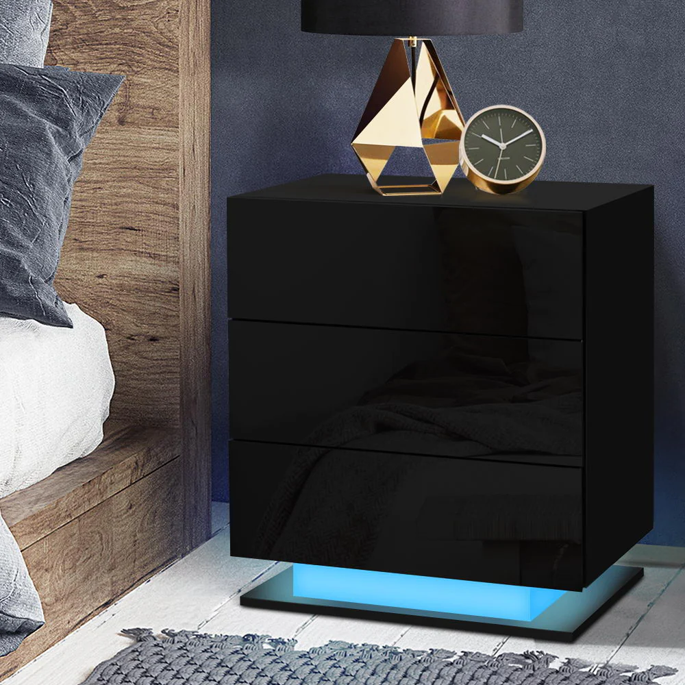 Lachine LED High Gloss Bedside Tables Side Table RGB LED Lamp Nightstand Gloss with 3 Drawers - Black - Nurns