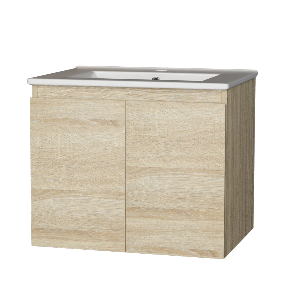 Vanity Unit Basin Cabinet Storage Bathroom Wall Mounted Ceramic 600mm Oak - Nurns