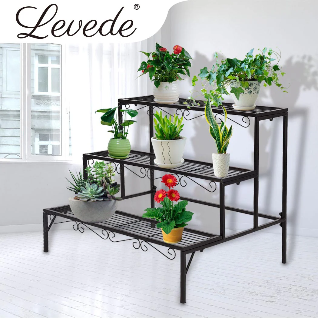 Levede Plant Stand 3 Tier Rectangle Metal Flower Pot Planter Corner Shelf Black - Nurns