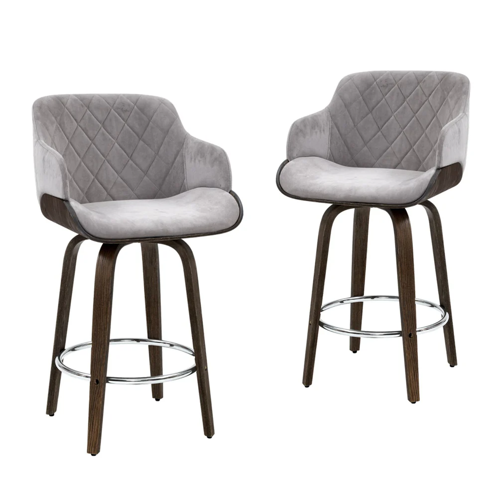 Set of 4 Lleida Bar Stools Swivel Velvet Padded Wooden - Grey - Nurns