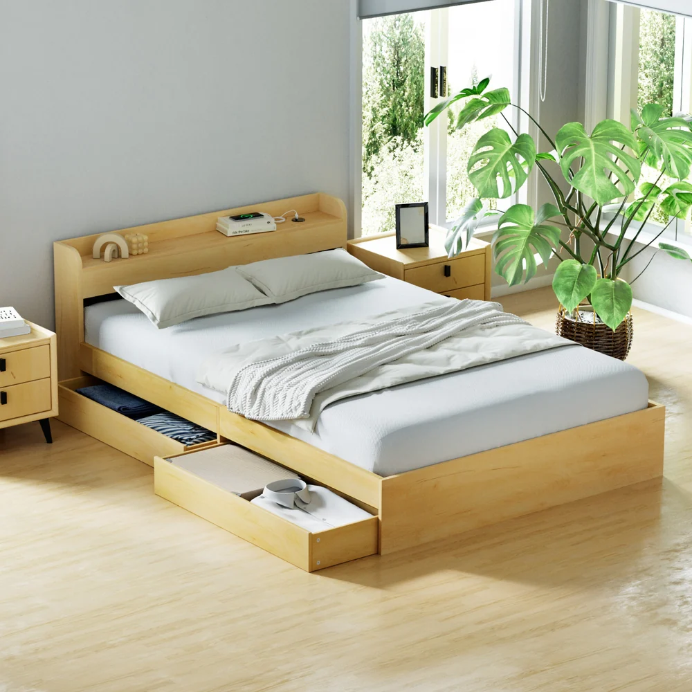 Bari Bed Frame with Charging Ports and 2 Drawers - Wood Double - Nurns