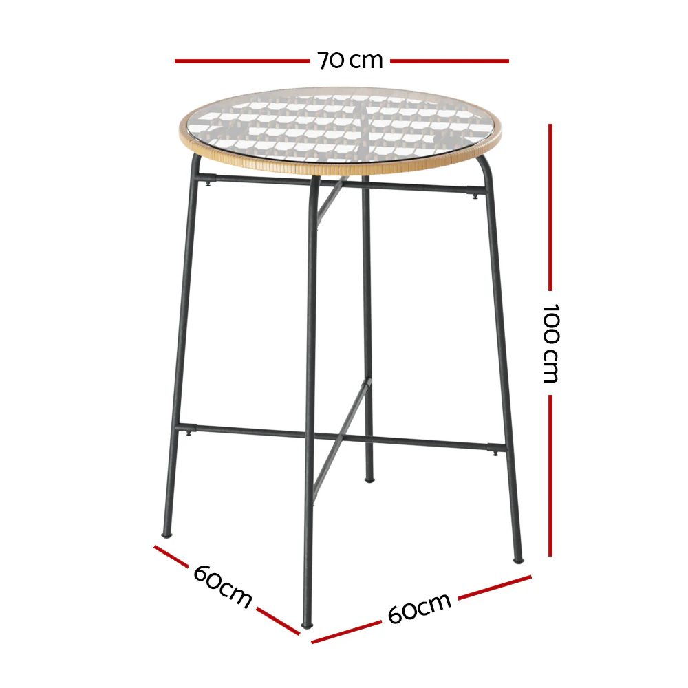 Myles Outdoor Bar Table Wicker Dining Bistro Patio Balcony Glass Table Steel - Wood - Nurns