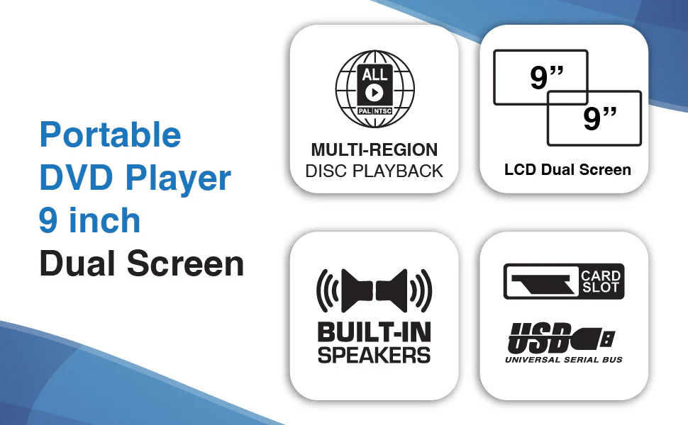 Laser 9 Inch Dual Screen DVD Player - Black - Nurns