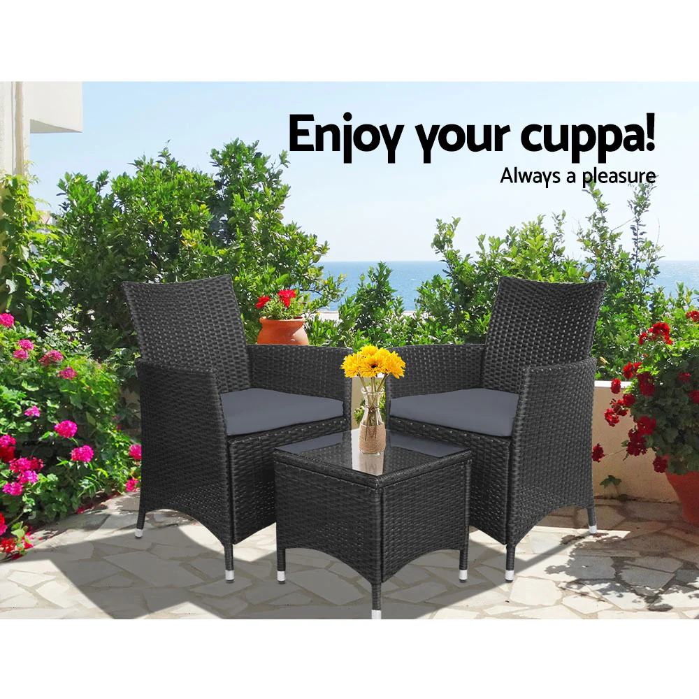 Noah 2-Seater Wicker Furniture 3-Piece Outdoor Setting - Black - Nurns