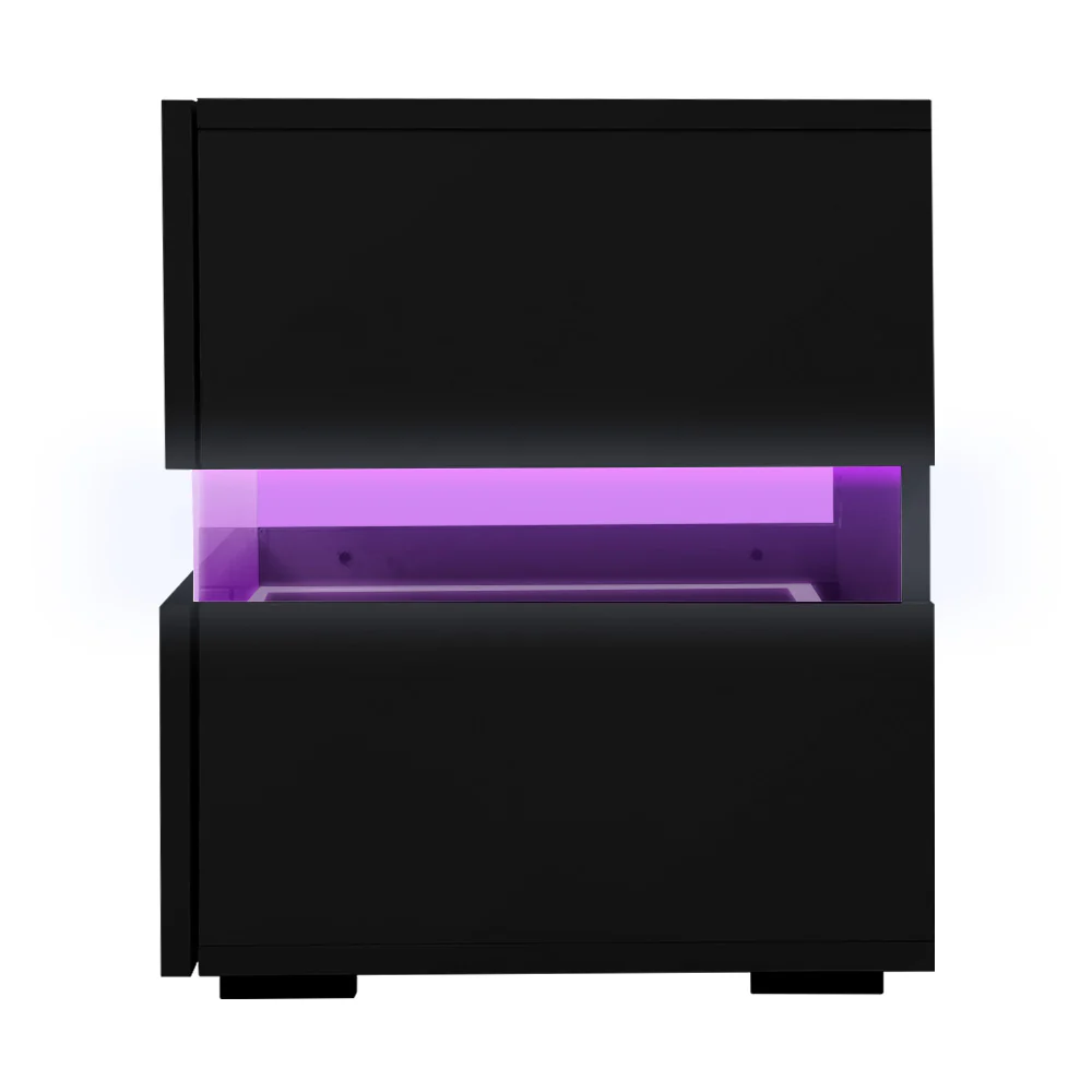 Granby LED High Gloss Bedside Tables RGB LED Side Nightstand High Gloss Cabinet with 2 Drawers - Black - Nurns