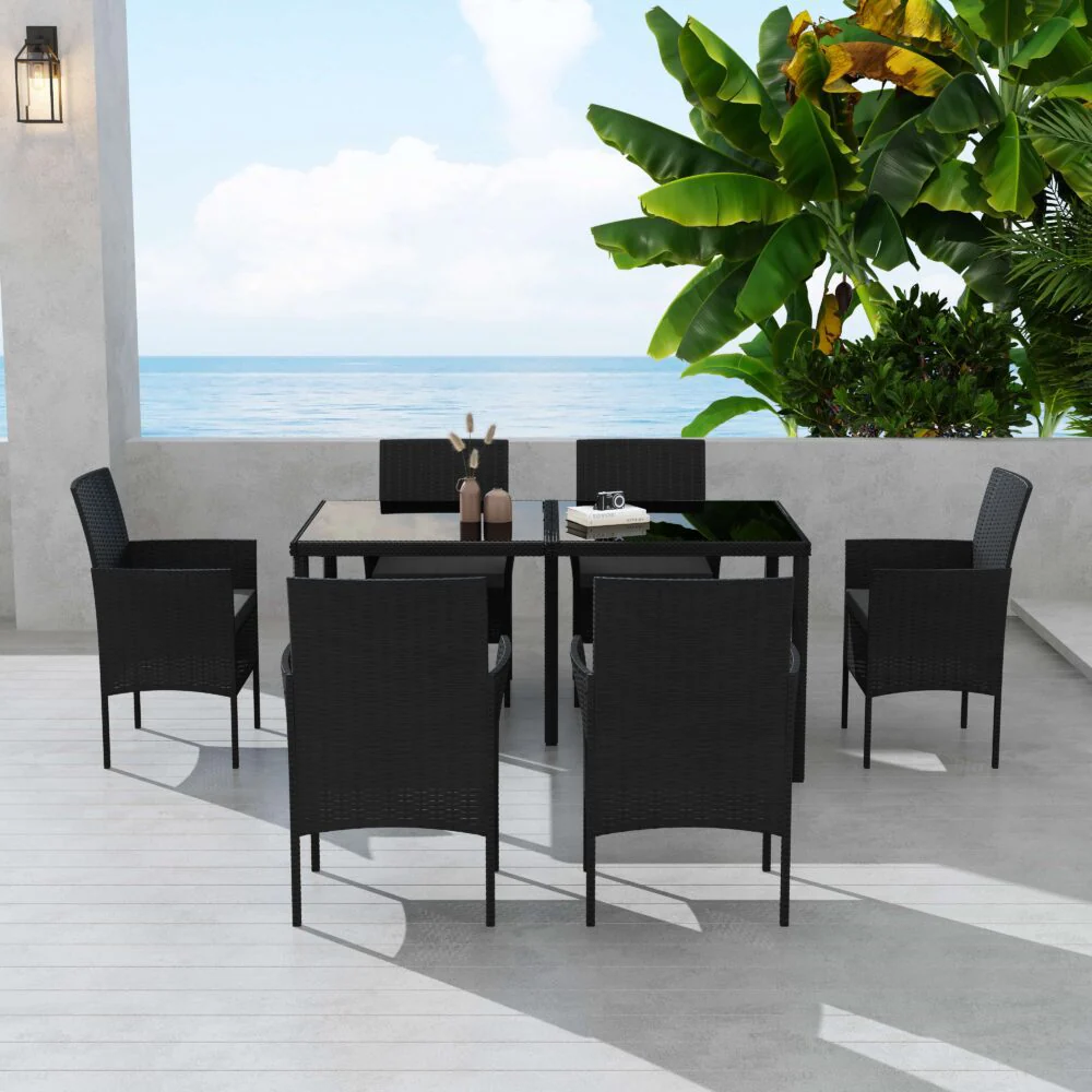 Larkin 6-Seater Minimalist Wicker 7-Piece Dining Set - Black - Nurns