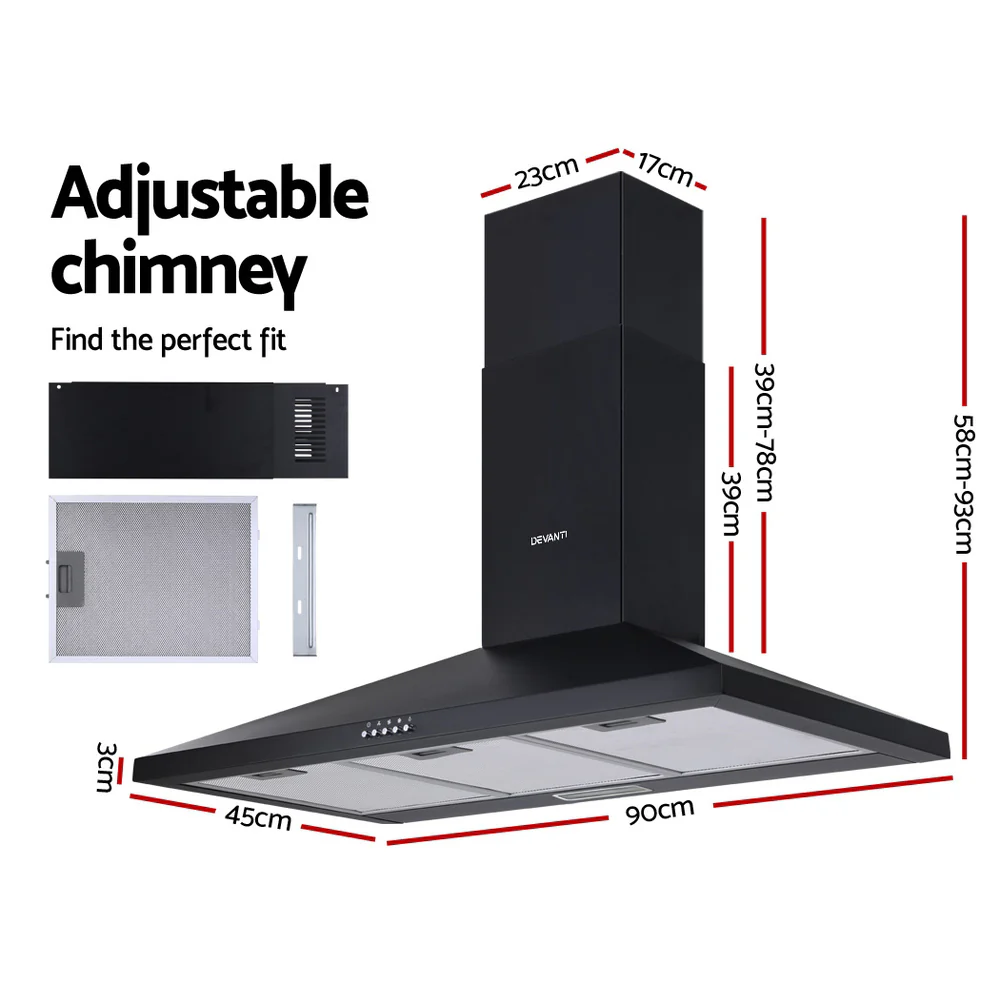 Devanti 900mm Range Hood 90cm Rangehood Black - Nurns