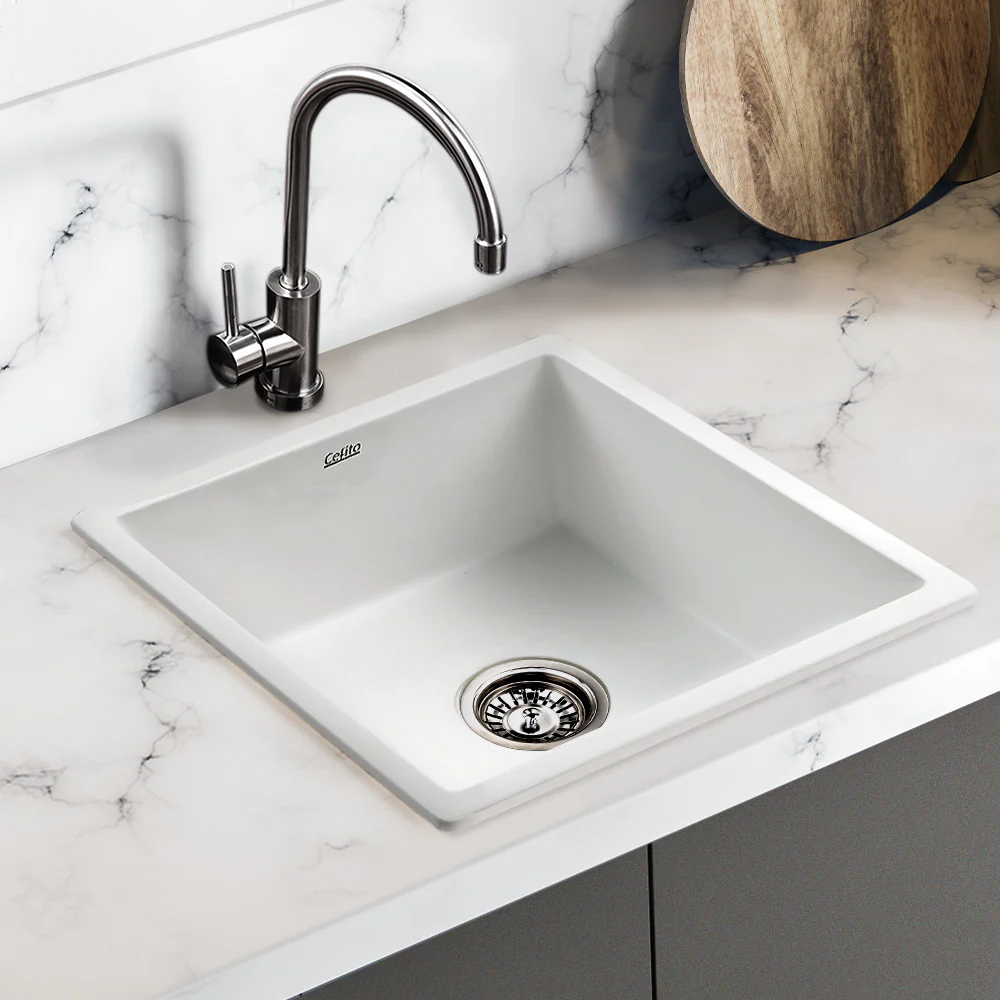 Stone Kitchen Sink 450X450MM Granite Under/Topmount Basin Bowl Laundry White - Nurns