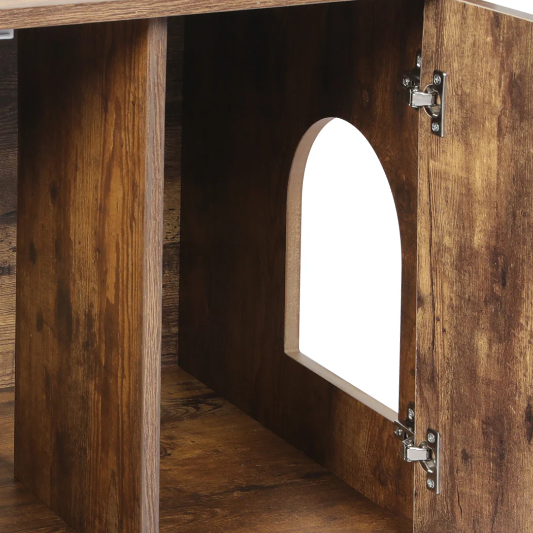 Enclosed Hooded Cat Litter Box Furniture Kitty Toilet Tray Pet House Table - Brown - Nurns