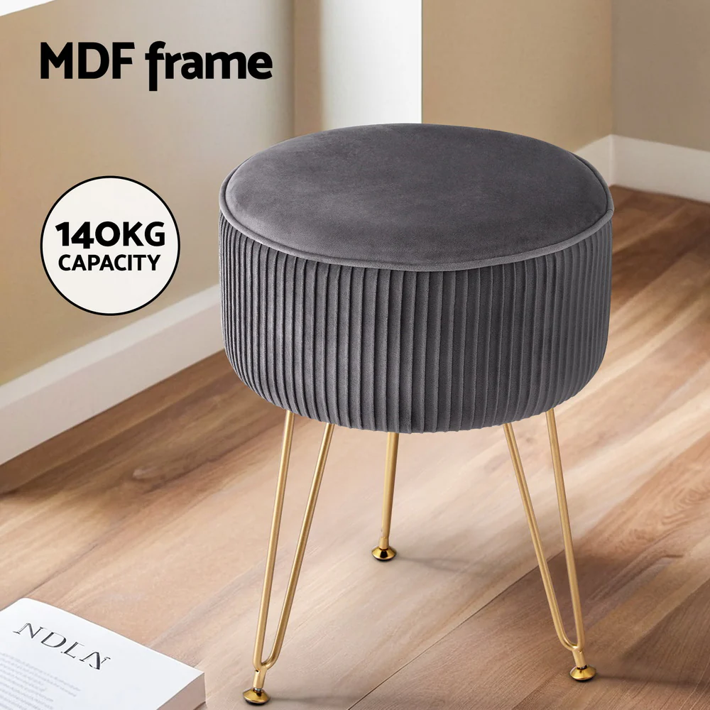 Ottoman Foot Stool Vanity Velvet Round - Grey - Nurns
