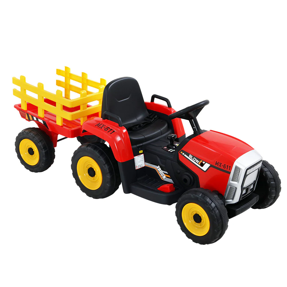Ride On Car Tractor Trailer Toy Kids Electric Cars 12V Battery - Red - Nurns
