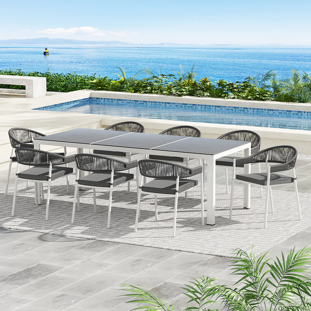 Yves 8-Seater Table Chairs Patio Rope Lounge Setting 9-Piece Outdoor Dining Set - Grey - Nurns