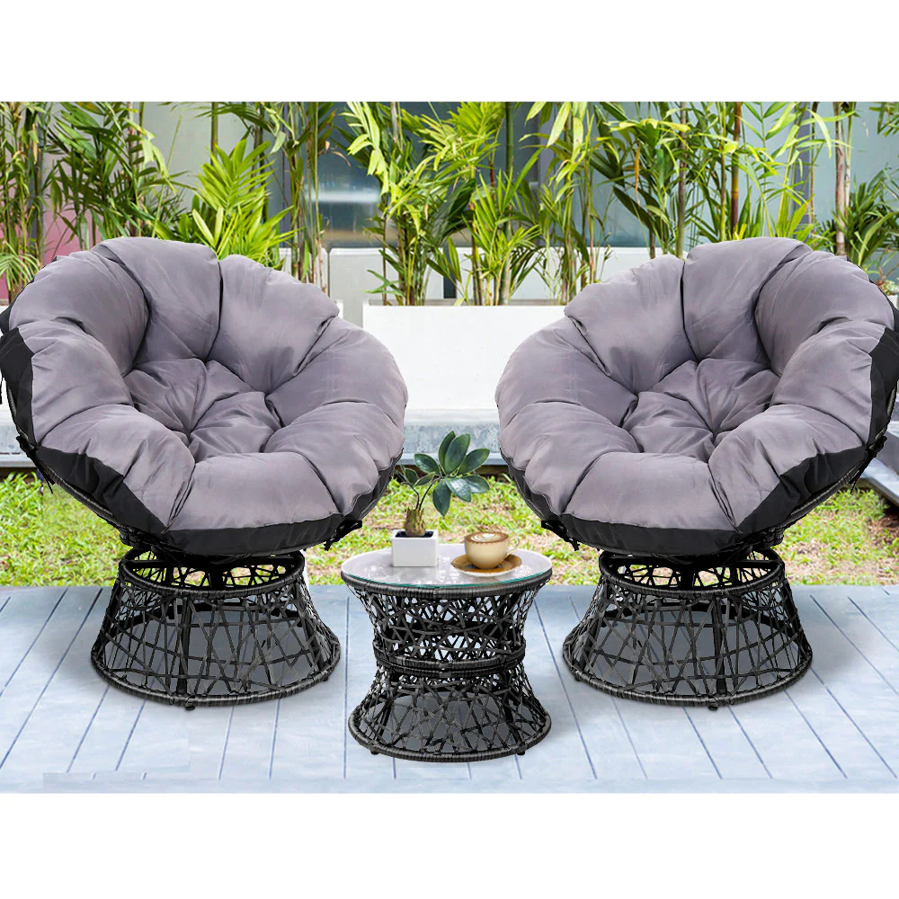 Outdoor Lounge Setting Furniture Wicker Papasan Chairs Table Patio - Black - Nurns