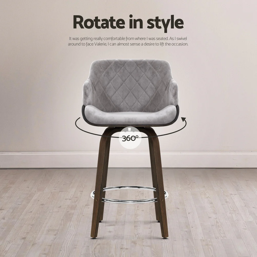 Set of 4 Lleida Bar Stools Swivel Velvet Padded Wooden - Grey - Nurns