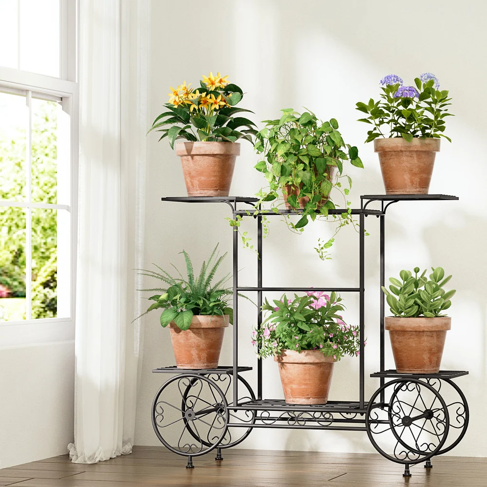 Plant Stand 6 Tier Iron 4 Wheeler - Nurns