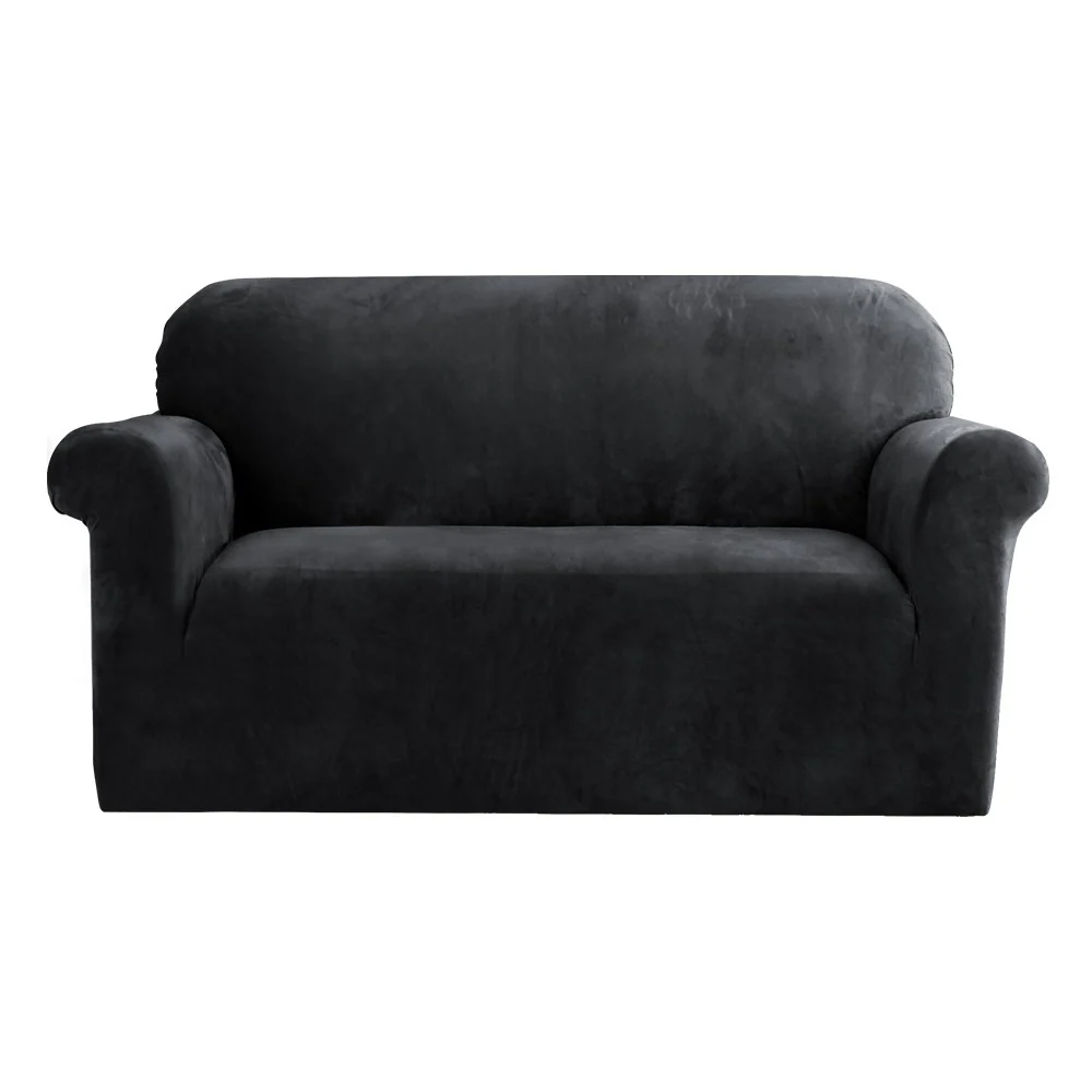 Velvet Sofa Cover Plush Couch Cover Lounge Slipcover 2-Seater Black - Nurns