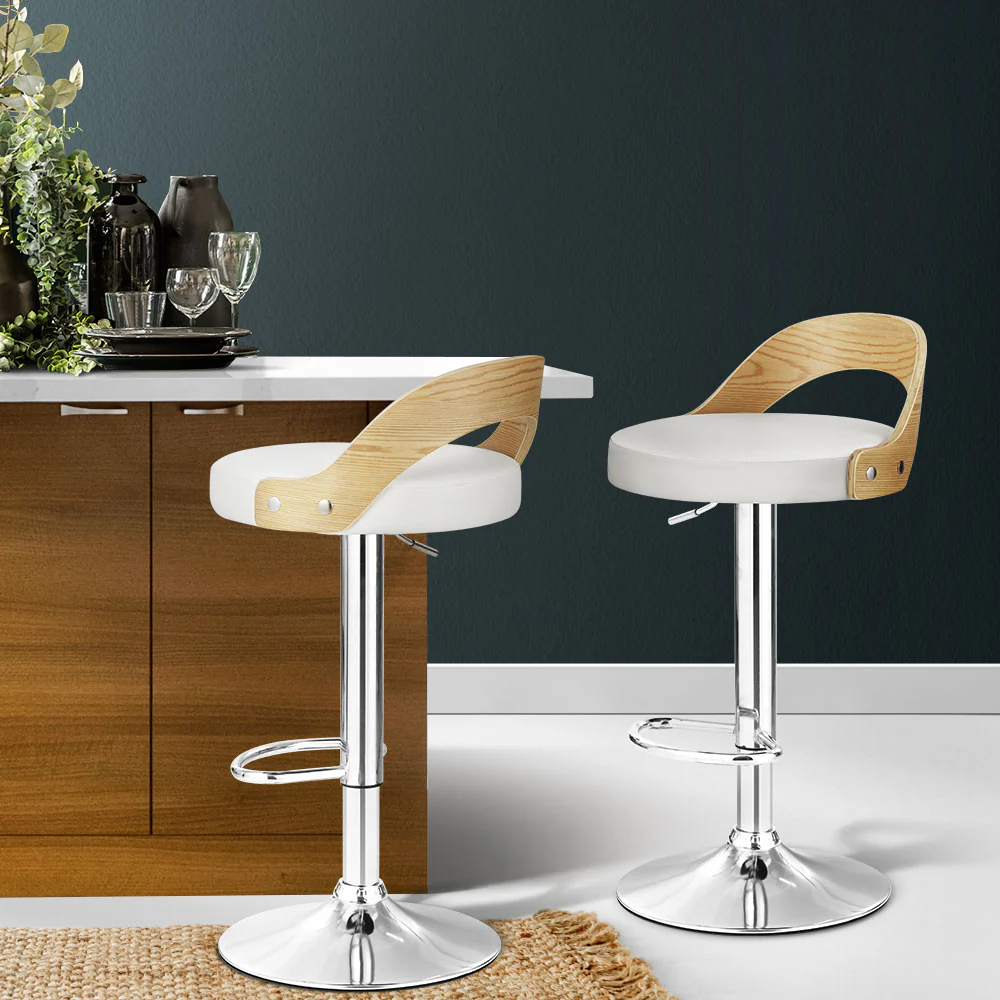 Set of 2 Plymouth Bar Stools Kitchen Gas Lift Wooden Stool Metal Barstools Swivel - White - Nurns