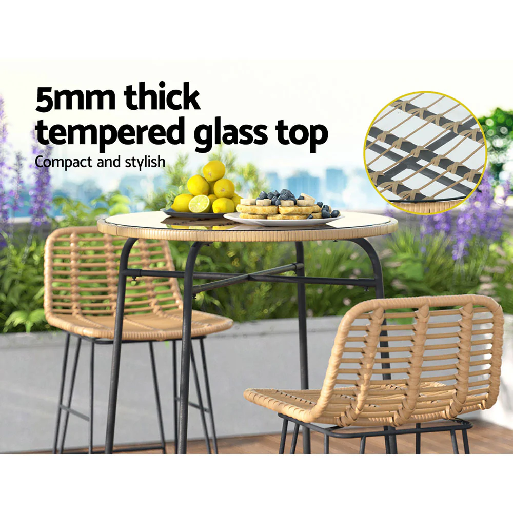 Myles Outdoor Bar Table Wicker Dining Bistro Patio Balcony Glass Table Steel - Wood - Nurns