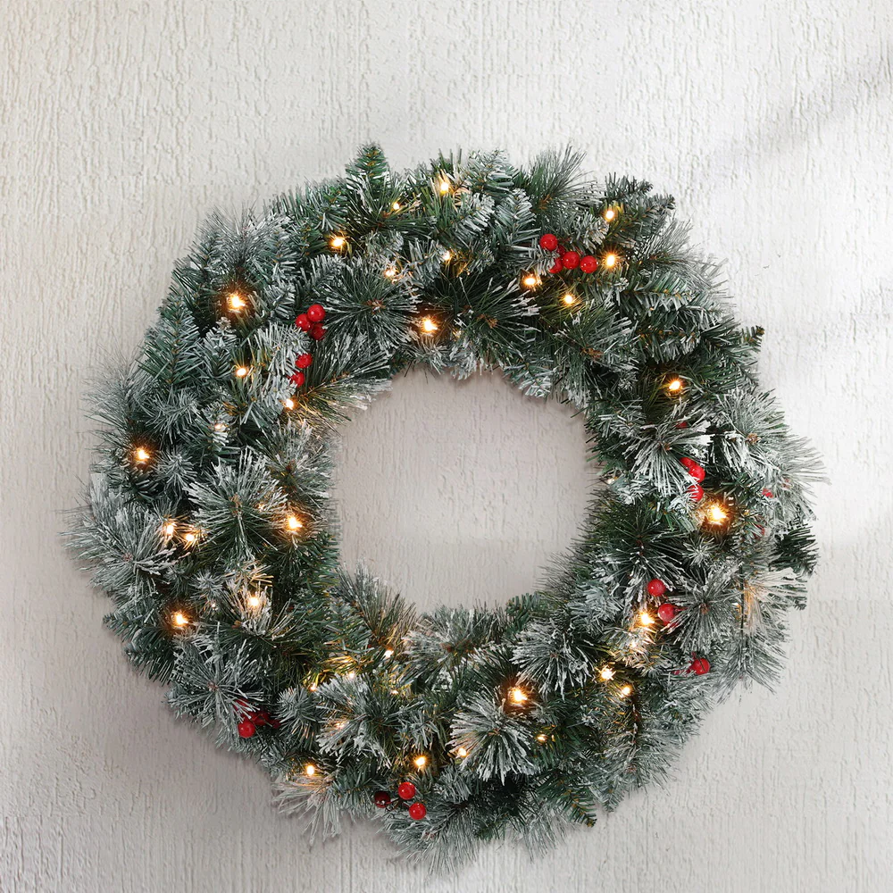 60cm Christmas Wreath LED Lights Snowy Berries Garland Party Decor - Nurns