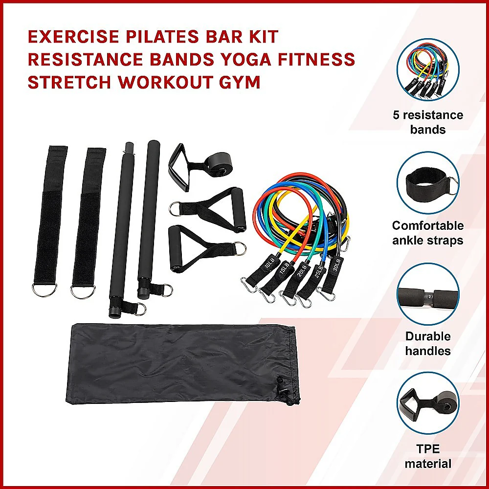 Exercise Pilates Bar Kit Resistance Bands Yoga Fitness Stretch Workout Gym - Nurns