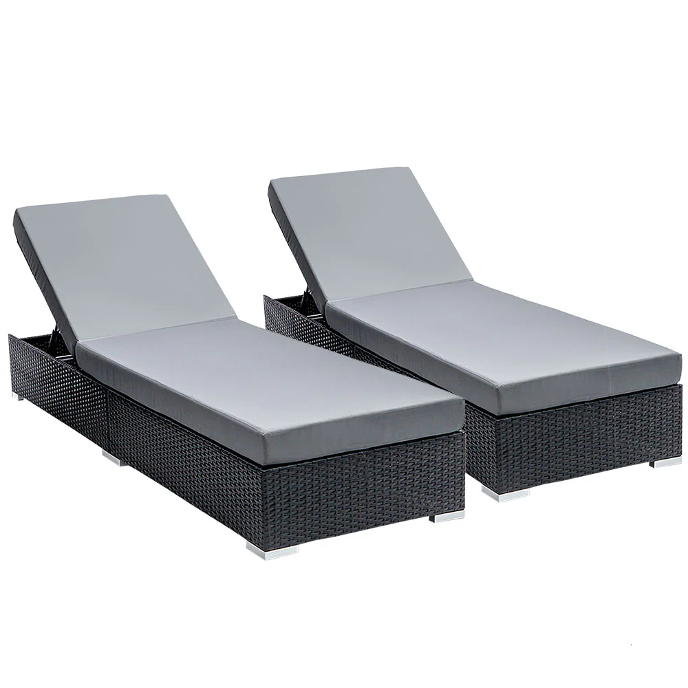 Herbert Set of 2 Outdoor Sun Lounge Wicker Chair - Black - Nurns