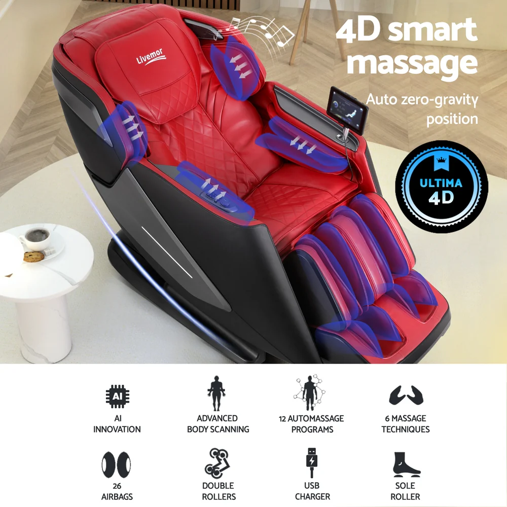 Baldur 4D Massage Chair Electric Recliner Home Massager - Red - Nurns