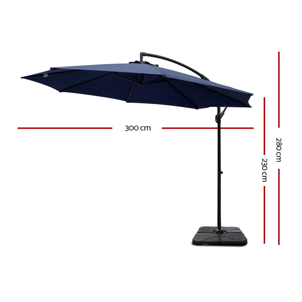 Instahut 3m Umbrella w/Base Outdoor Cantilever Beach Garden Patio Parasol Navy - Nurns