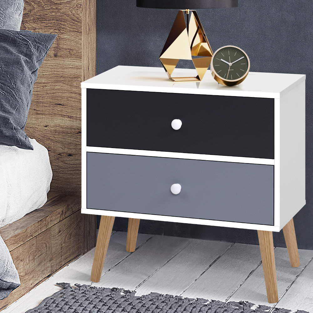 Picton Particle Board Bedside Tables Side Table Nightstand Lamp Side Storage Cabinet with 2 Drawers - White & Black - Nurns