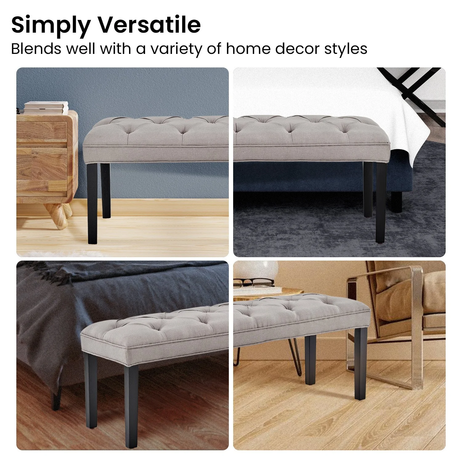 Button-tufted Upholstered Bench With Tapered Legs By - Light Grey - Nurns
