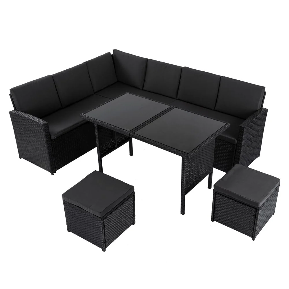Jules 8-Seater Modular Garden Lounge with Table and Stools 6-Piece Dining Set - Black - Nurns
