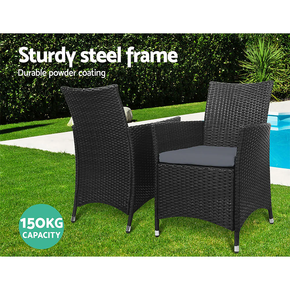 Mitchell Set of 2 Outdoor Bistro Set Dining Chairs Patio Furniture Wicker Garden Cushion - Black - Nurns
