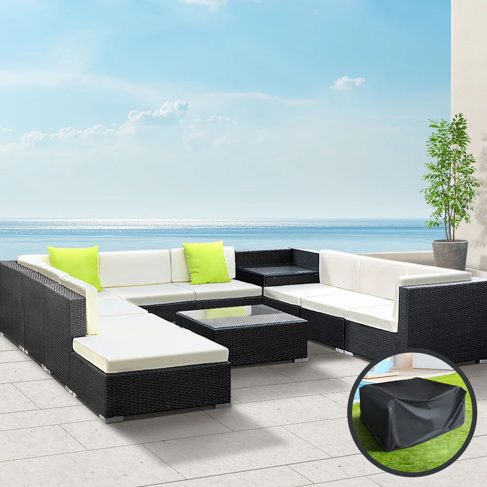 Chester 10-Seater Outdoor Set Furniture Wicker 11-Piece Sofa with Storage Cover - Black - Nurns