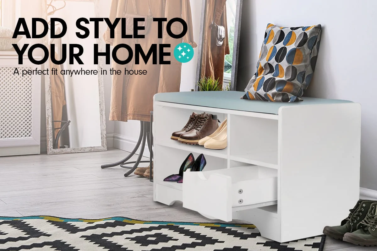 Sarantino Shoe Rack Cabinet Organiser Grey Cushion Stool Bench - 80 X 30 X 45 - White - Nurns