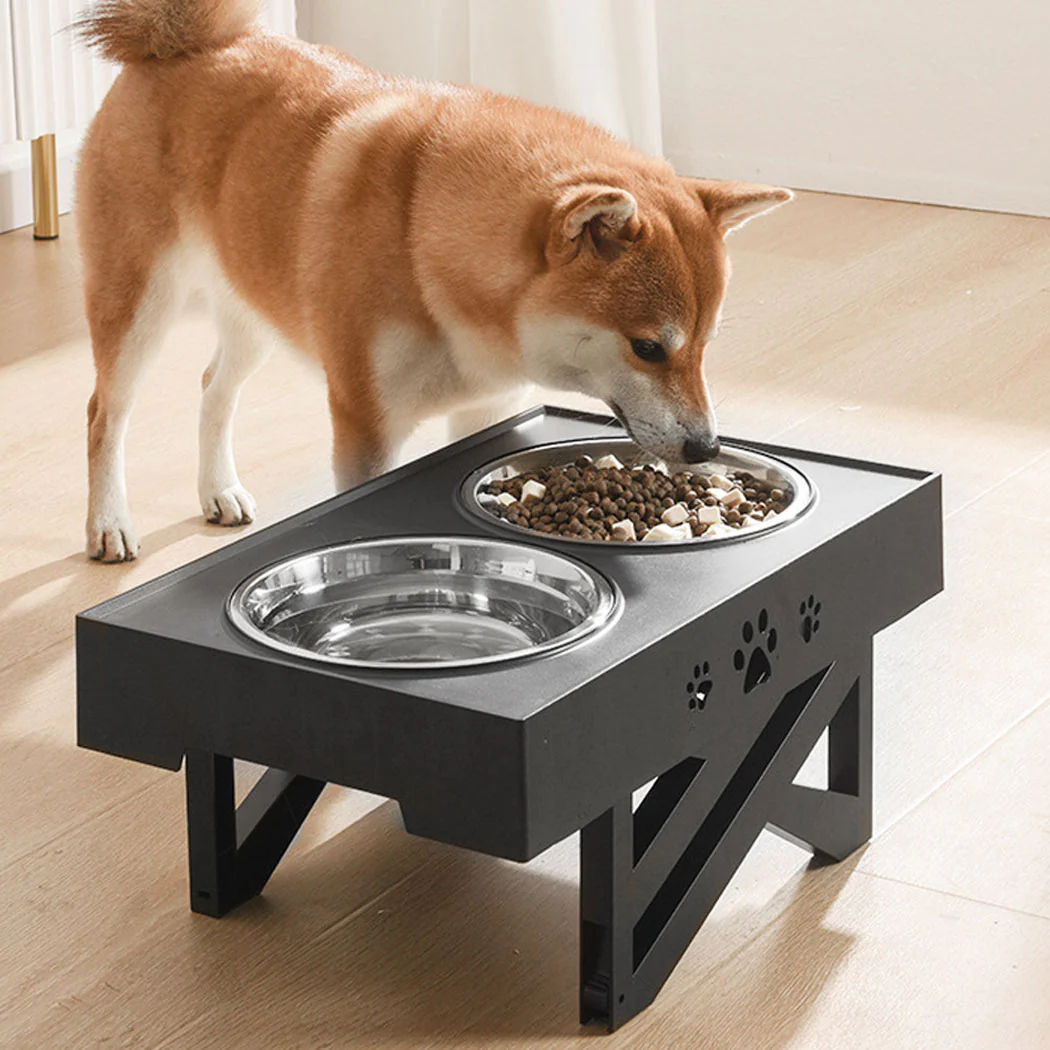 Elevated Pet Feeder Food Water Double Bowl Adjustable Height Raised Stand - Black - Nurns