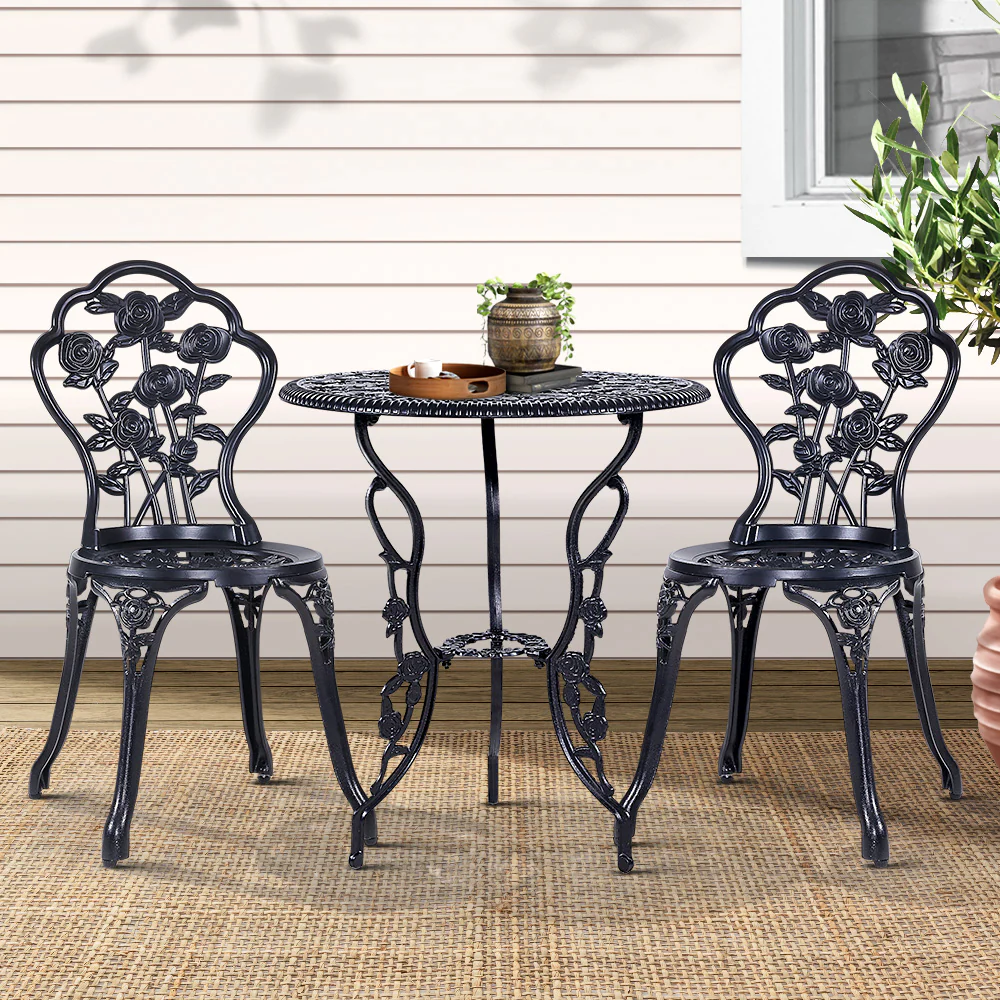 Caspian 2-Seater Cast Aluminium Table Chair Patio 3-Piece Outdoor Setting - Black - Nurns