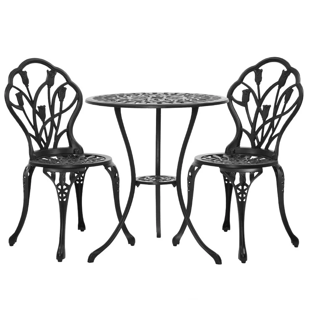 Ciaran 2-Seater Cast Aluminium Table Chair Patio 3-Piece Outdoor Setting - Black - Nurns