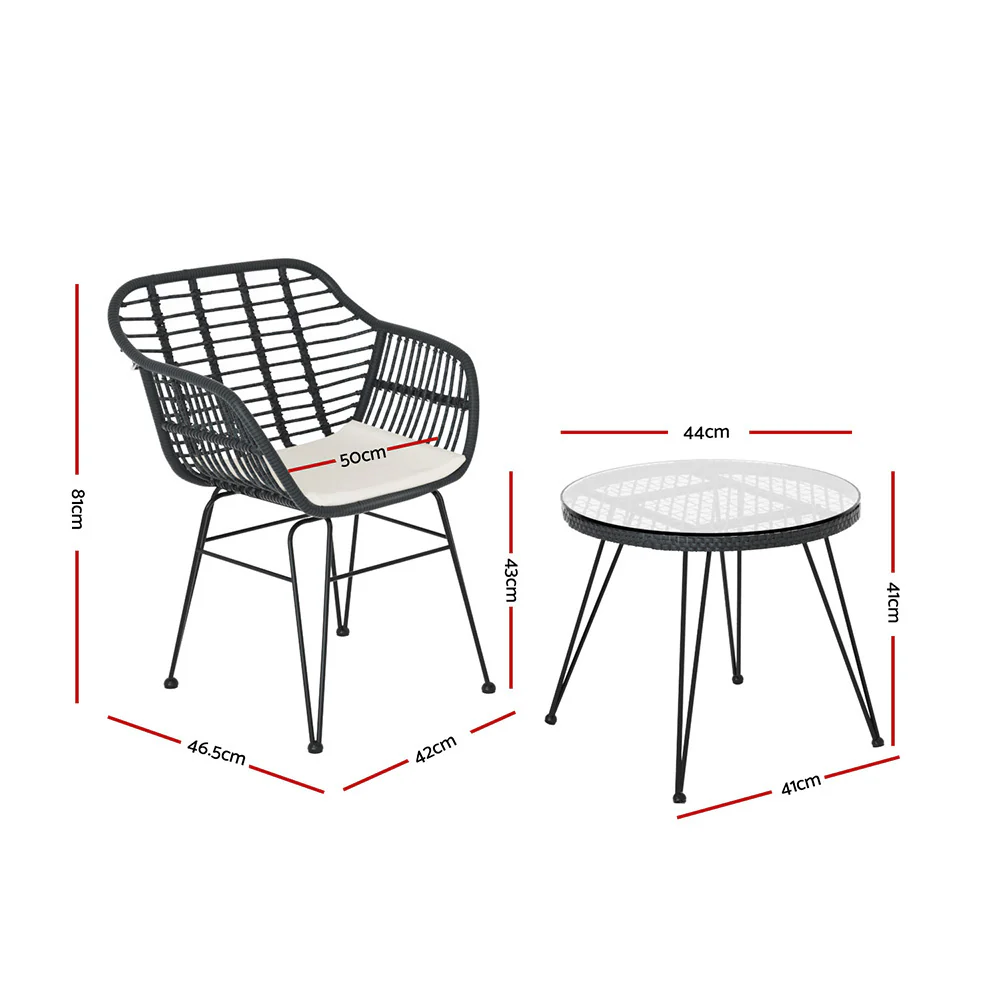 Dalton 2-Seater Table Chairs Patio 3-Piece Outdoor Furniture - Grey - Nurns