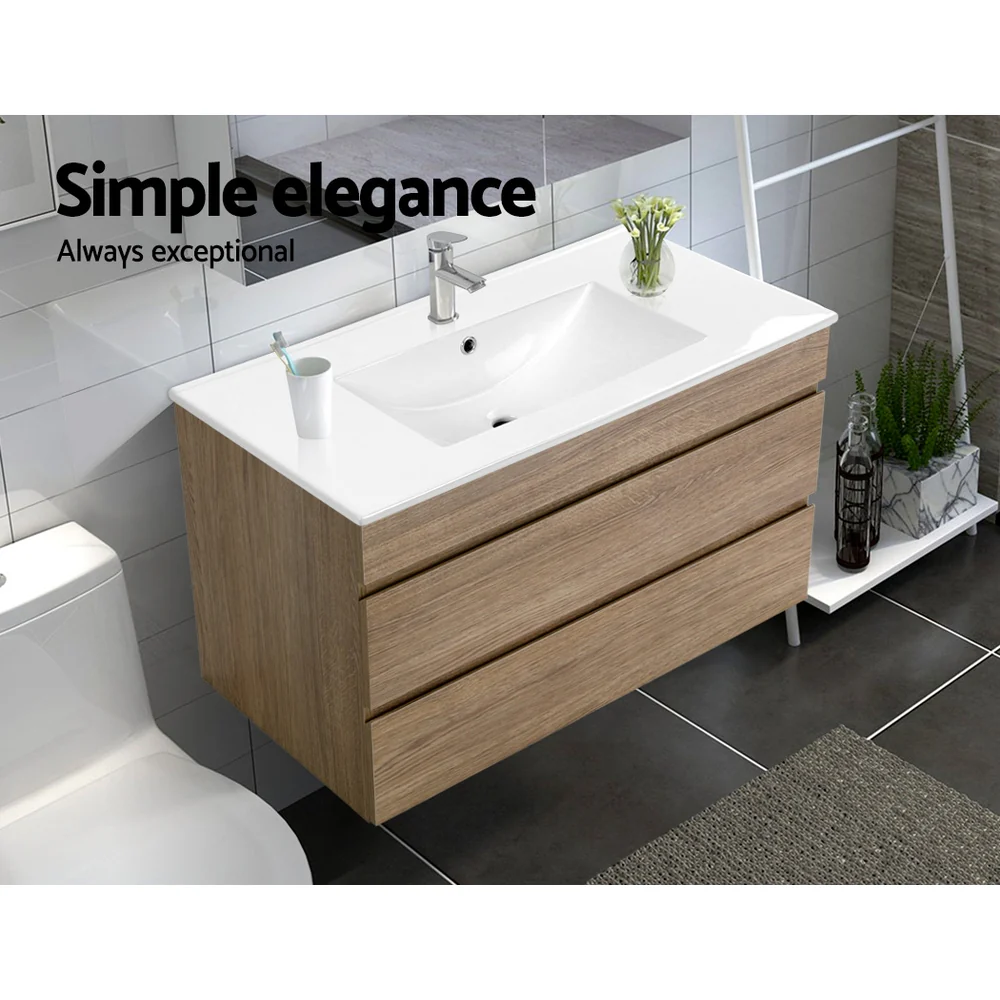 900mm Bathroom Vanity Cabinet Wash Basin Unit Sink Storage Wall Mounted Oak White - Nurns